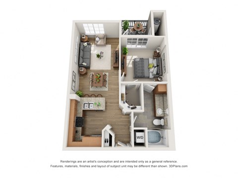 Floor plan for 1 bed, 1 bath, 644 sqft